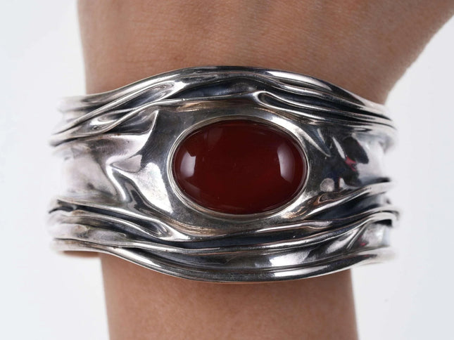 Retro Dominique Dinouart Mexico Sterling Silver & Red Carnelian Wide Modernist S - Estate Fresh Austin