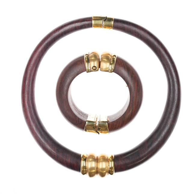 Retro French Inna Cytrine Paris Wood/goldtone choker necklace bangle bracelet - Estate Fresh Austin