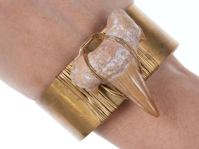 Retro Handmade Petrified Sharks tooth brass bracelet - Estate Fresh Austin