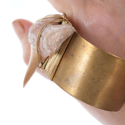 Retro Handmade Petrified Sharks tooth brass bracelet - Estate Fresh Austin