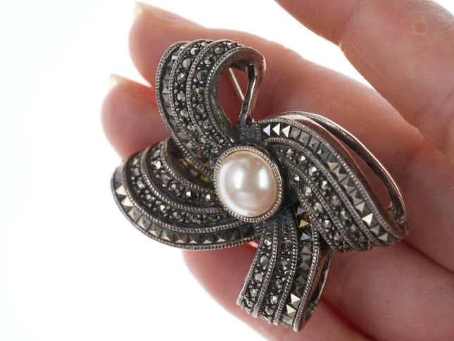 Retro Judith Jack Sterling Marcasite Pendant/brooch with faux pearl pin - Estate Fresh Austin