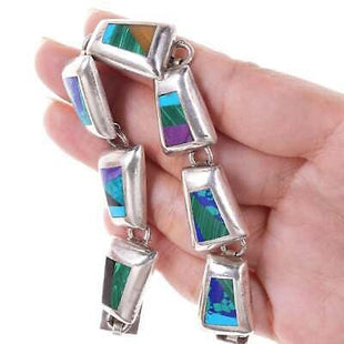 Retro Mexican Modernist Sterling muti - stone inlay bracelet - Estate Fresh Austin