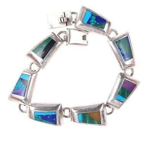 Retro Mexican Modernist Sterling muti - stone inlay bracelet - Estate Fresh Austin