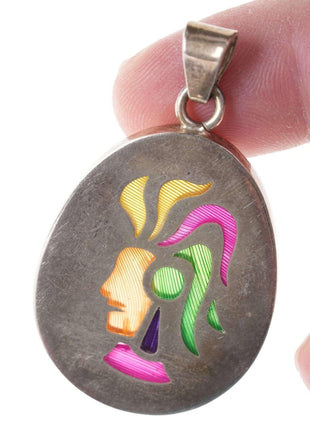 Retro Mexican Sterling Aztec Warrior inlaid pendant - Estate Fresh Austin