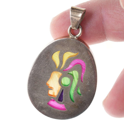 Retro Mexican Sterling Aztec Warrior inlaid pendant - Estate Fresh Austin