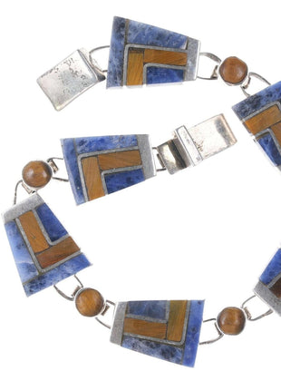 Retro Modernist Sodalite/Cat's Eye Mexican Sterling inlay bracelet - Estate Fresh Austin