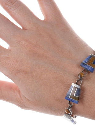 Retro Modernist Sodalite/Cat's Eye Mexican Sterling inlay bracelet - Estate Fresh Austin