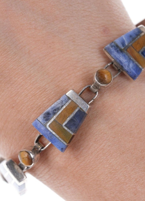 Retro Modernist Sodalite/Cat's Eye Mexican Sterling inlay bracelet - Estate Fresh Austin