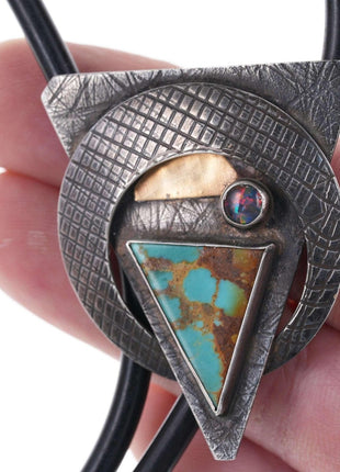 Retro Modernist Sterling 14k gold Turquoise/Opal bolo tie - Estate Fresh Austin