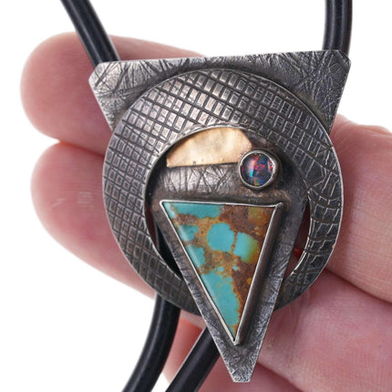 Retro Modernist Sterling 14k gold Turquoise/Opal bolo tie - Estate Fresh Austin