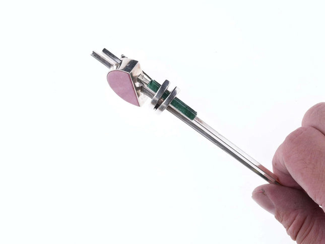 Retro Modernist Sterling Rhodochrosite/jade pin - Estate Fresh Austin