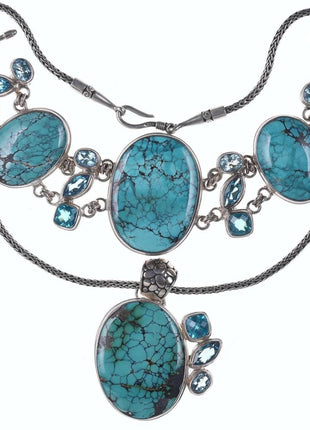 Retro Sarda Byzantine sterling silver blue topaz, lab spinel, and Turquoise set - Estate Fresh Austin