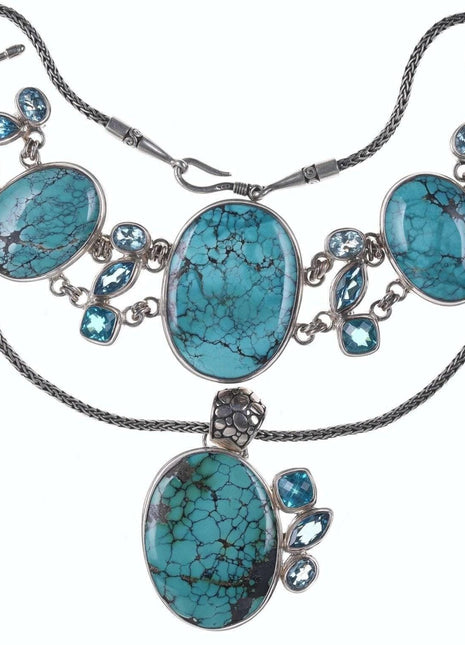 Retro Sarda Byzantine sterling silver blue topaz, lab spinel, and Turquoise set - Estate Fresh Austin