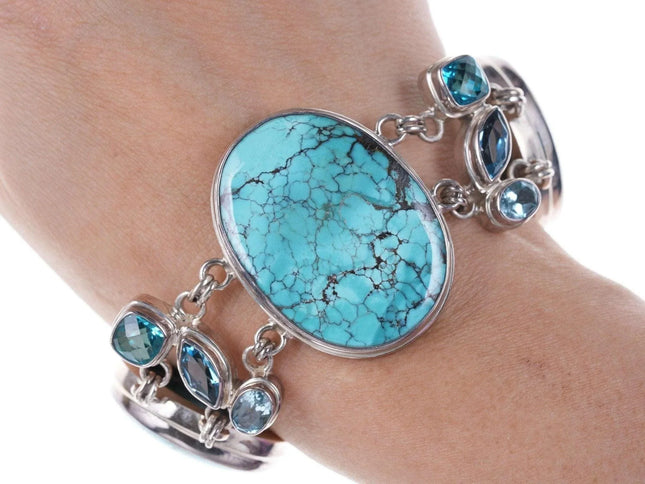 Retro Sarda Byzantine sterling silver blue topaz, lab spinel, and Turquoise set - Estate Fresh Austin