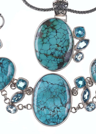 Retro Sarda Byzantine sterling silver blue topaz, lab spinel, and Turquoise set - Estate Fresh Austin