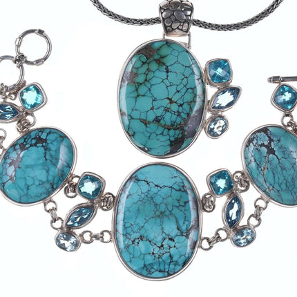 Retro Sarda Byzantine sterling silver blue topaz, lab spinel, and Turquoise set - Estate Fresh Austin