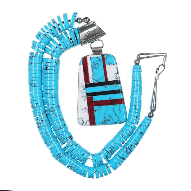 Retro Southwestern sterling heishi pendant/necklace with block turquoise - Estate Fresh Austin