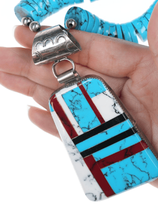 Retro Southwestern sterling heishi pendant/necklace with block turquoise - Estate Fresh Austin