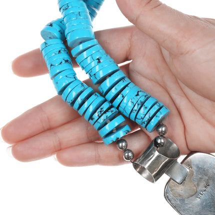 Retro Southwestern sterling heishi pendant/necklace with block turquoise - Estate Fresh Austin