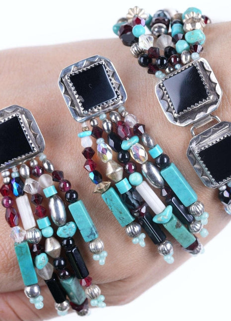 Retro Southwestern Sterling multistone beaded Bracelet and earrings - Estate Fresh Austin