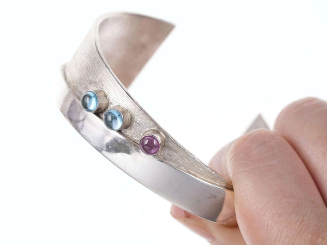 7" Retro Space Age Modernist Gemset sterling silver cuff bracelet - Estate Fresh Austin