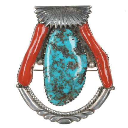 Robert and Bernice Leekya Zuni Sterling turquoise and branch coral pendant/pin - Estate Fresh Austin
