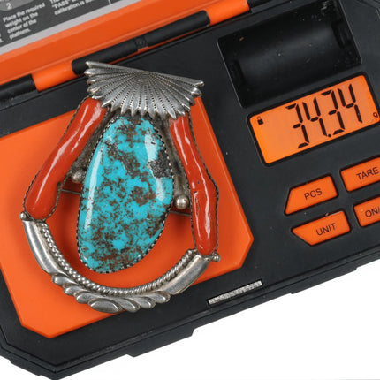 Robert and Bernice Leekya Zuni Sterling turquoise and branch coral pendant/pin - Estate Fresh Austin