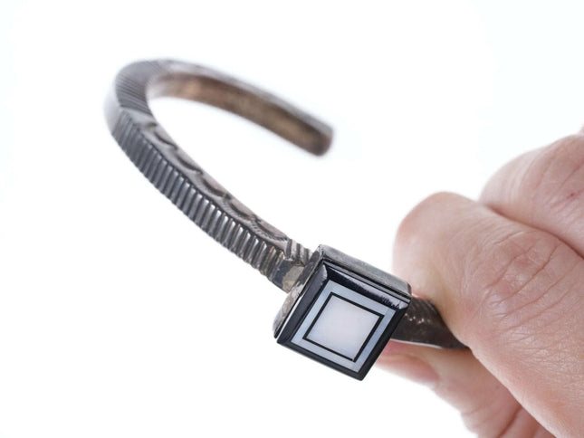 Ronnie Willie (Navajo) Heavy stamped sterling bracelet with jet and shell inlay - Estate Fresh Austin