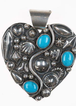 Ronnie Willie (Navajo) Large Silver heart pendant with turquoise - Estate Fresh Austin