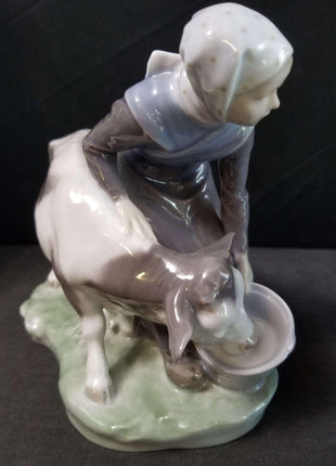 Royal Copenhagen Farm Girl Feeding Cow Figure c.1950 6.5" - Estate Fresh Austin