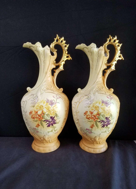 Royal Rudolstadt embossed Porcelain Hand Painted Floral COLOSSAL 15.5" Ewers Go - Estate Fresh Austin