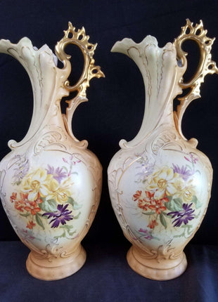 Royal Rudolstadt embossed Porcelain Hand Painted Floral COLOSSAL 15.5" Ewers Go - Estate Fresh Austin