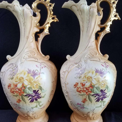 Royal Rudolstadt embossed Porcelain Hand Painted Floral COLOSSAL 15.5" Ewers Go - Estate Fresh Austin
