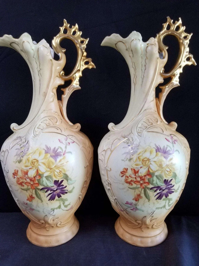Royal Rudolstadt embossed Porcelain Hand Painted Floral COLOSSAL 15.5" Ewers Go - Estate Fresh Austin