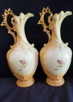 Royal Rudolstadt embossed Porcelain Hand Painted Floral COLOSSAL 15.5" Ewers Go - Estate Fresh Austin