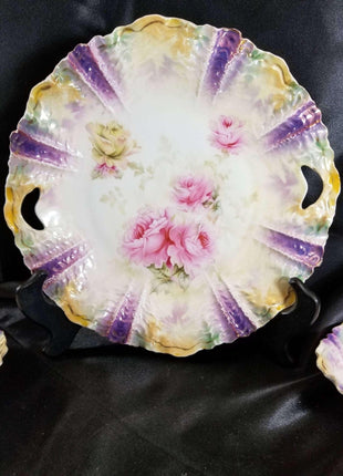 RS Prussia Berry Set and Cake Plate Roses on Rainbow Luster 9 pcs total c.1890 - Estate Fresh Austin