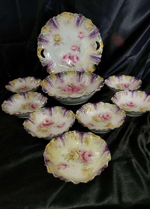 RS Prussia Berry Set and Cake Plate Roses on Rainbow Luster 9 pcs total c.1890 - Estate Fresh Austin