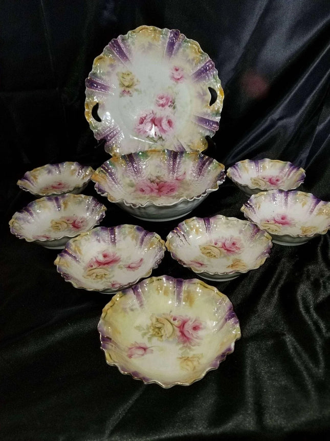 RS Prussia Berry Set and Cake Plate Roses on Rainbow Luster 9 pcs total c.1890 - Estate Fresh Austin