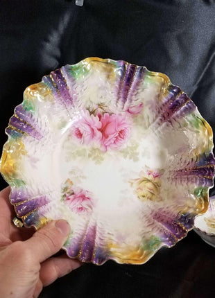 RS Prussia Berry Set and Cake Plate Roses on Rainbow Luster 9 pcs total c.1890 - Estate Fresh Austin