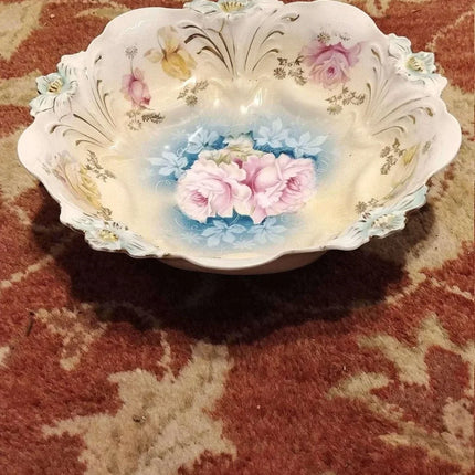 R.S. PRUSSIA Lily Mold deep Bowl c.1890's Vivid Colors Gold 9.25" - Estate Fresh Austin