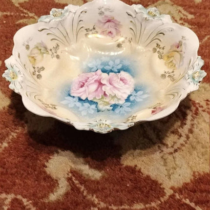 R.S. PRUSSIA Lily Mold deep Bowl c.1890's Vivid Colors Gold 9.25" - Estate Fresh Austin