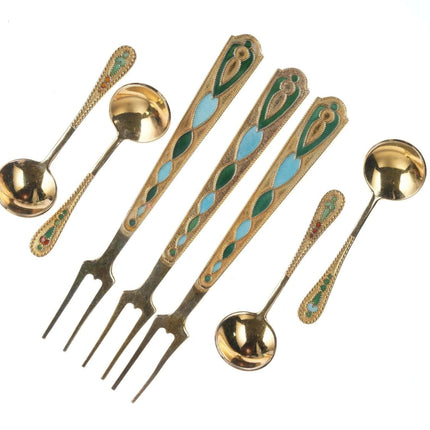 Russian Gilt 875 Silver enamel salt spoons/cocktail forks - Estate Fresh Austin