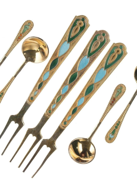 Russian Gilt 875 Silver enamel salt spoons/cocktail forks - Estate Fresh Austin