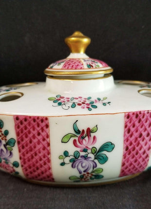 Samson Paris French Porcelain Inkwell Hand Painted Gilt Boat Shaped c.1900 - Estate Fresh Austin