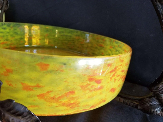 Schneider Mottled art Deco Glass Centerpiece in Metal Holder Huge Oversized 17.5 - Estate Fresh Austin