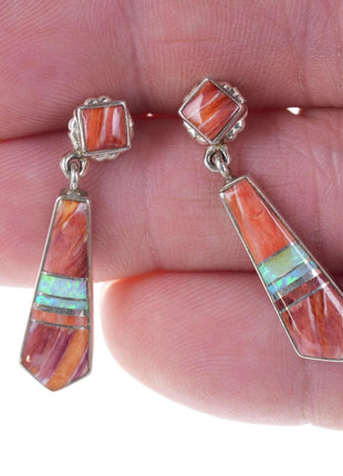 Sheila Tso Navajo Spiny Oyster/opal sterling channel inlay earrings - Estate Fresh Austin