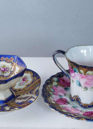 Shofu China/Nippon Japanese Cups and Saucers Hand Painted Heavy Raised Gold, Jew - Estate Fresh Austin