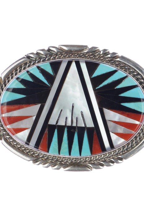 small Leslie & Gladys Lamy Zuni sterling intarsia inlay belt buckle - Estate Fresh Austin