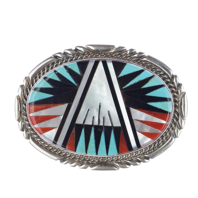 small Leslie & Gladys Lamy Zuni sterling intarsia inlay belt buckle - Estate Fresh Austin