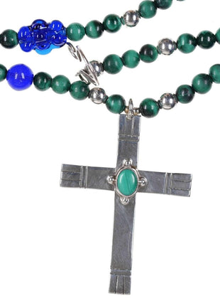 Southwestern Handmade Sterling Malachite and glass rosary cross pendant - Estate Fresh Austin